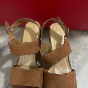 Women's Tan Suede Block Heel Sandals with Ankle Strap